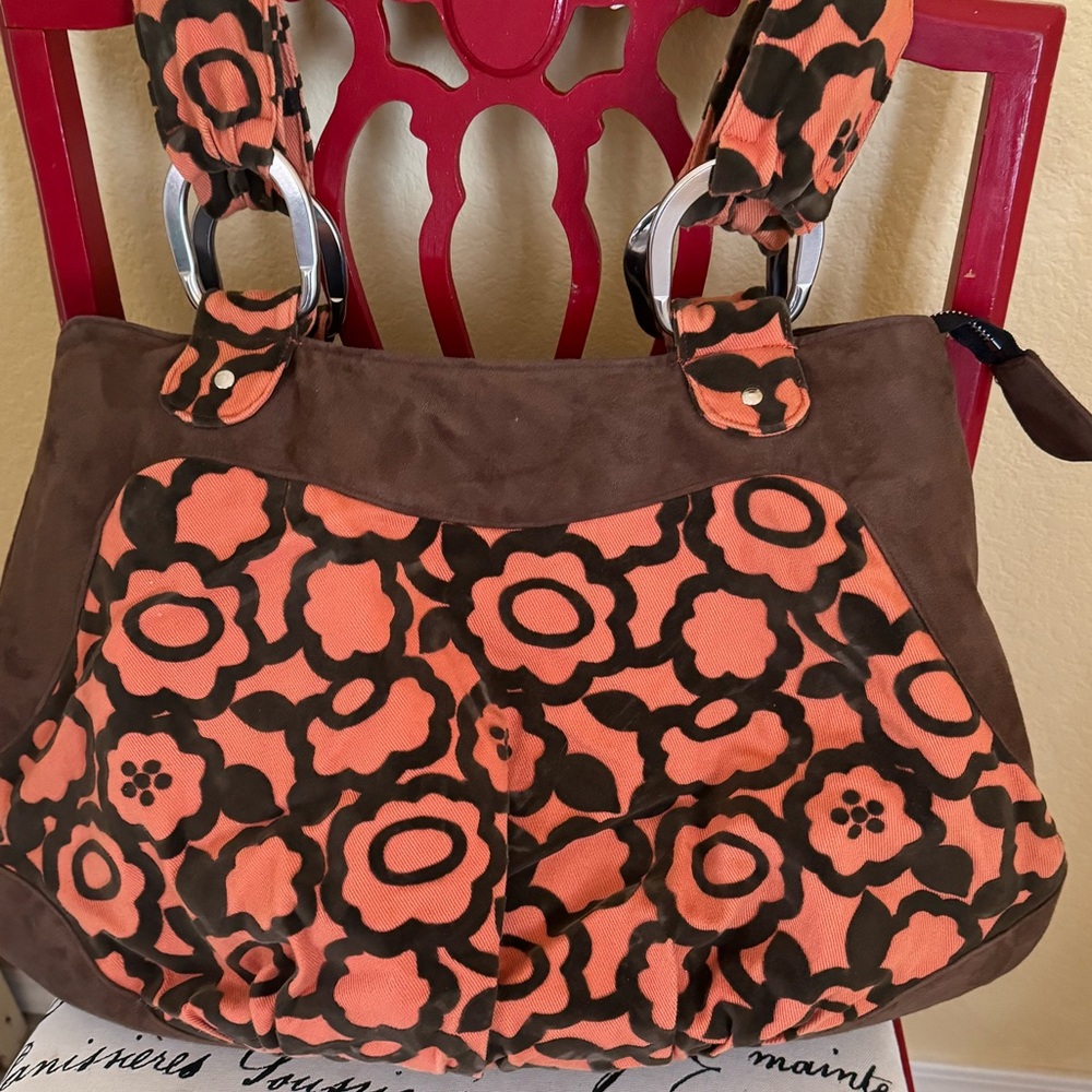 Lisa Lill Studio Chocolate Brown Velvet and Orange Large Bag EUC